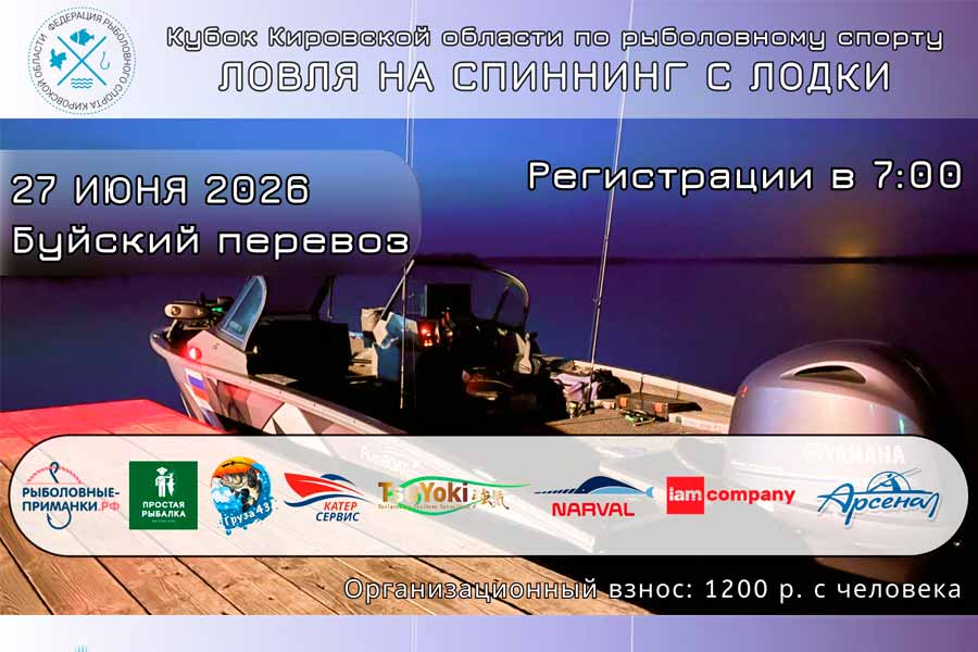 Чемпионат Кировской области по ловле спиннингом с лодок 27 июня 2026 г., Кировская область, Арбажский район, д. Буйский перевоз, р. Вятка